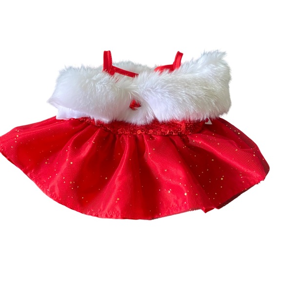 Build-A-Bear Other - Build-A-Bear BABW Sparkly Red Gold Sequin Tulle White Fur Trim Holiday Dress